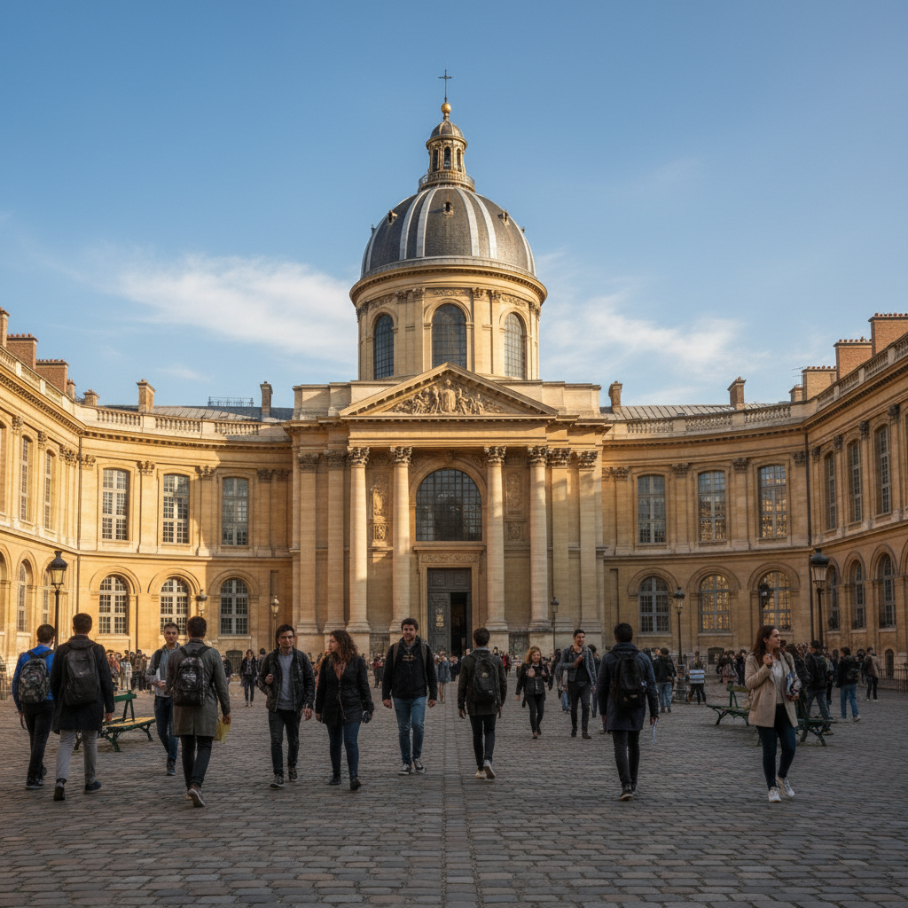 Fransa En İyi Üniversiteleri 2026 Paris'teki Sorbonne Üniversitesi'nin tarihi binası önünde yürüyen öğrenciler