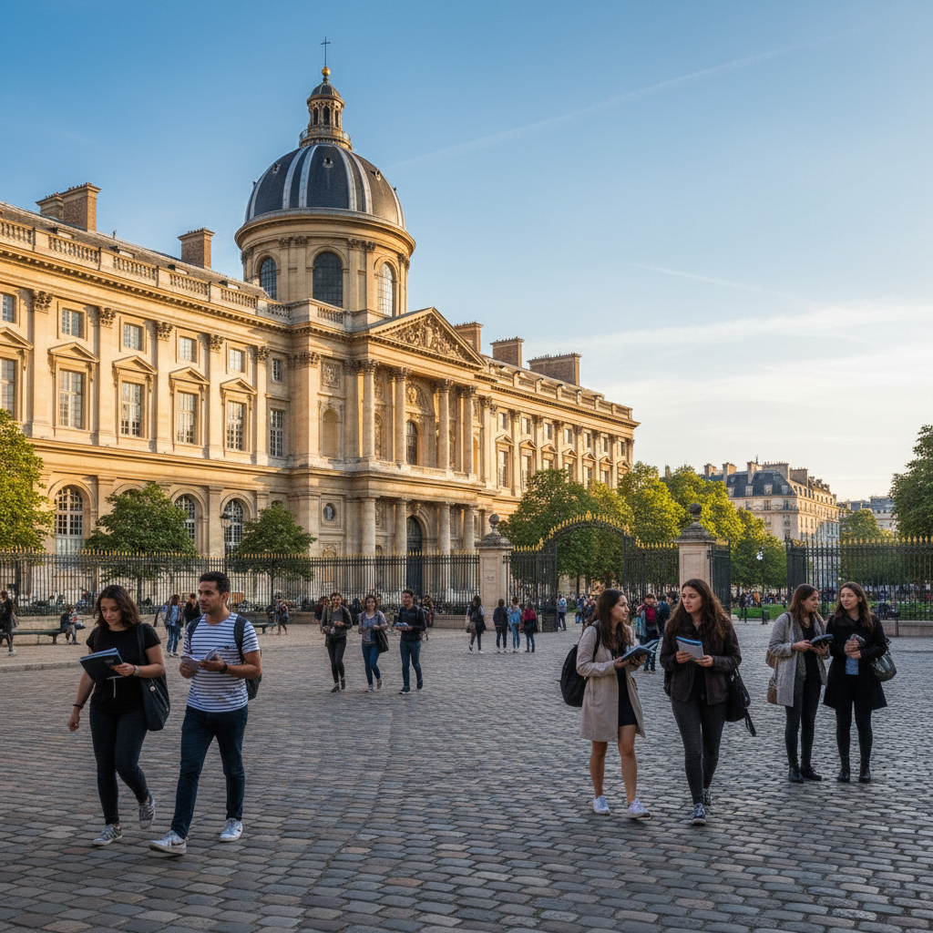 Fransa Üniversiteleri – Sorbonne Paris'teki tarihi Sorbonne Üniversitesi binası önünde yürüyen öğrenciler